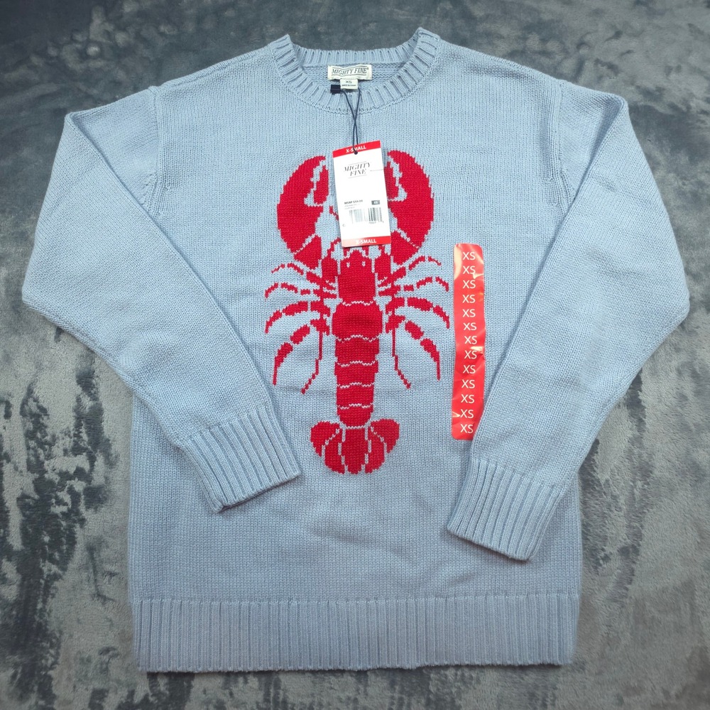 Mighty Fine Womens Red Lobster Graphic Knit Sweater Light Blue XS NWT